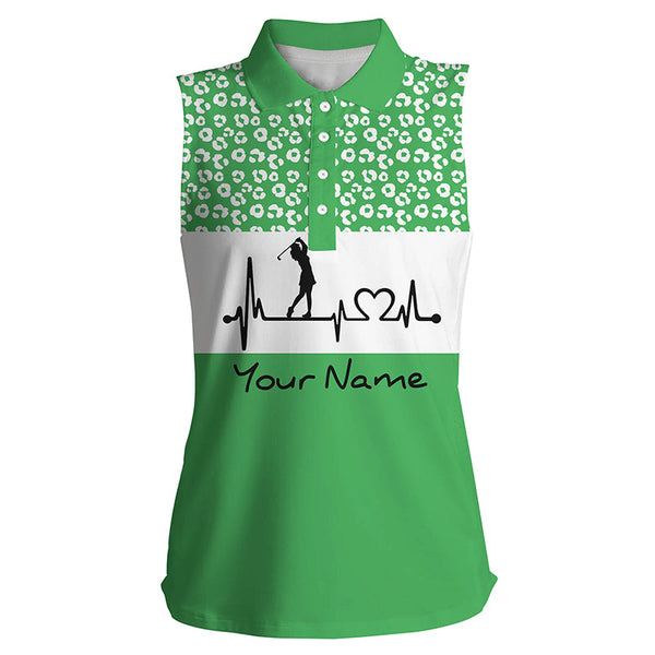 Women's sleeveless golf polo shirt golf heartbeat custom name leopard pattern golf shirt, golf gifts NQS4959