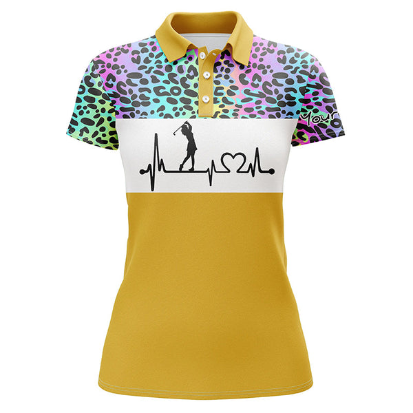 Womens golf polo shirt custom name rainbow gradient leopard golf heartbeat, golfing gifts for women NQS4961