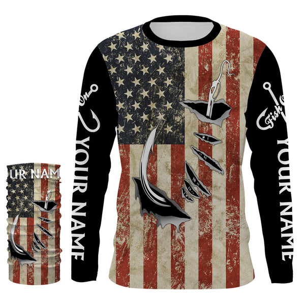US Fishing Fish Hook American Flag patriotic UV protection custom long sleeves fishing apparel NQS1343