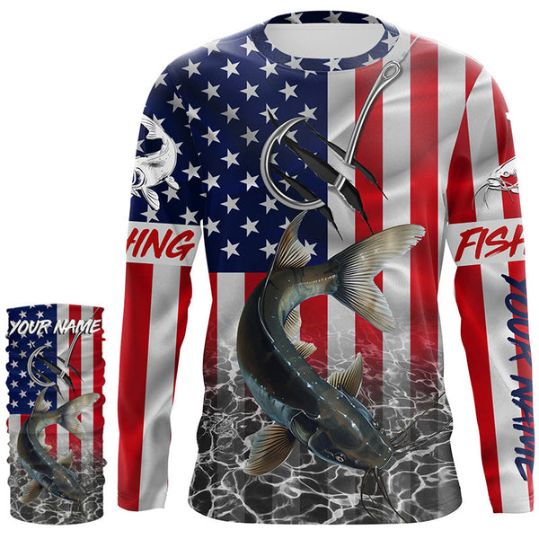 American Flag Catfish Fish hook Custom long sleeve performance Fishing Shirts, Catfish Fishing jerseys NQS5535