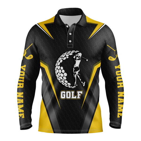 Black long sleeve golf polo shirts for mens custom name golf shirts, golfer gifts| Yellow NQS3646