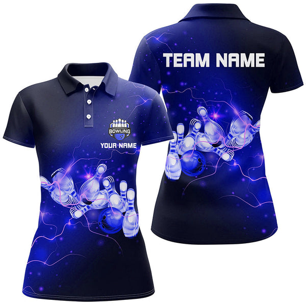 Womens Bowling Polo Shirts Custom Blue flashes of lightning thunder bowling team Ladies bowler Jerseys NQS6681