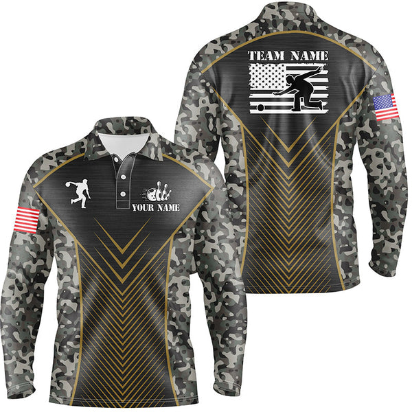 Mens Bowling Polo Shirts Custom green camo American flag team League Mens Jerseys NQS6702