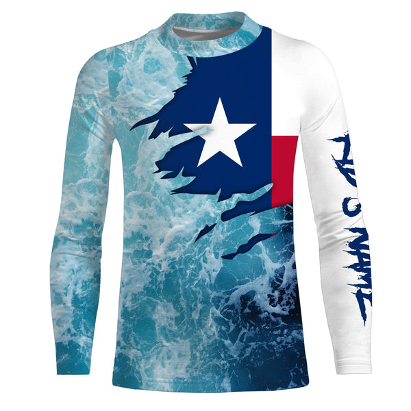 Texas flag fishing Saltwater Long sleeve customized name Fishing Shirts UV Protection, Sea wave camo blue Fishing Shirts NQS2567