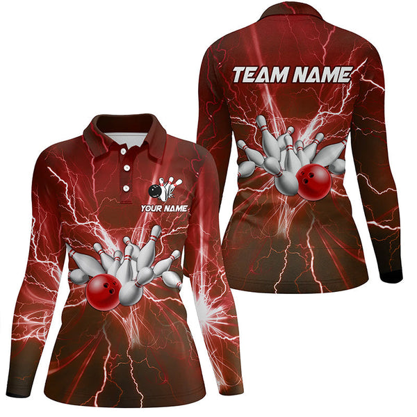 Women bowling polo shirts Custom red lightning thunder Bowling Team Jersey, gift for team Bowlers NQS7394