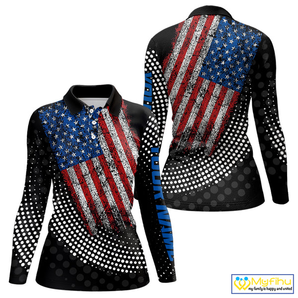 Personalized golf polo shirts for Women Vintage American Flag Custom patriotic golf tops for ladies NQS9835