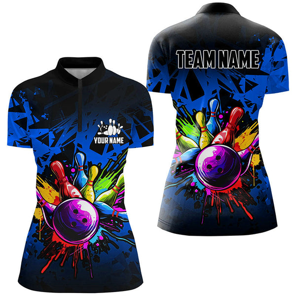 Colorful bowling jersey Polo, 1/4 Zip Shirt for Women Custom Bowling Team shirts for bowler| Blue NQS8880