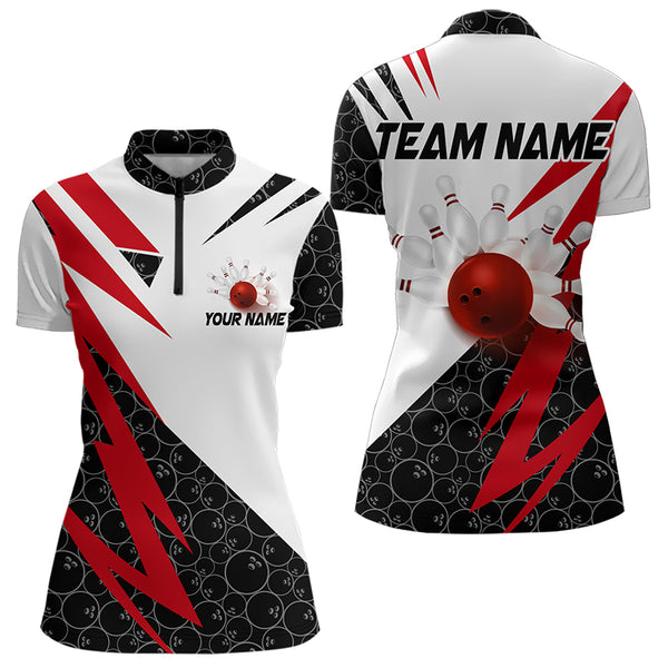 Black and White Bowling Polo, Quarter Zip Shirt for Women Custom Lightning Team bowling jerseys | Red NQS9324