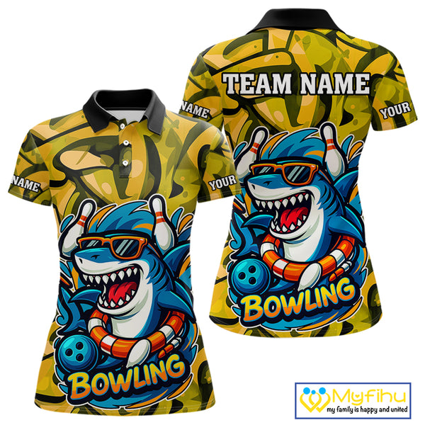 Funny Yellow Camo Shark Women Bowling Polo, Quarter Zip Shirt Custom Team Shark Bowling Outfit Jersey NQS10077