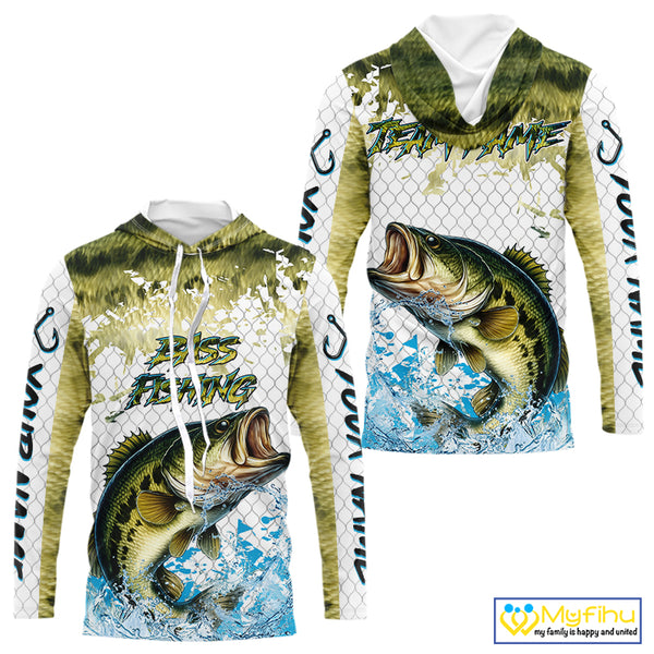 Largemouth bass fishing green scales UV protection custom hooded sun shirt, Bass fishing jerseys NQS10229