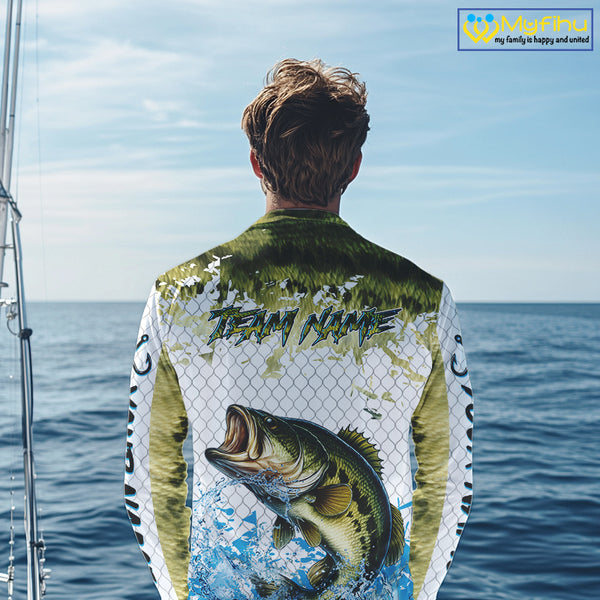 Largemouth bass fishing green scales UV protection custom hooded sun shirt, Bass fishing jerseys NQS10229