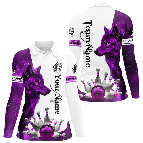 Purple Galaxy Wolf Bowling Polo, Quarter Zip Shirts For Women Custom Bowling Team League Jerseys NQS8644