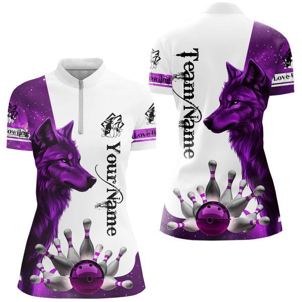 Purple Galaxy Wolf Bowling Polo, Quarter Zip Shirts For Women Custom Bowling Team League Jerseys NQS8644