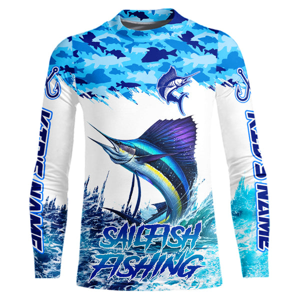 Sailfish fishing Blue sea camo Custom UV protection fishing long sleeve shirt, Sailfish Fishing jersey NQS9342