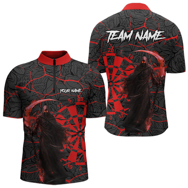 Men Darts Polo, Quarter Zip shirts Custom black and red reaper skull Darts Team Jerseys, Darts gifts NQS9481