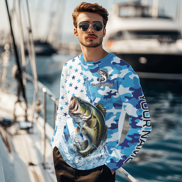 Blue Camo American Flag Bass Fishing Custom Long Sleeve Fishing Shirts Personalized Bass Fishing Gifts NQS9647