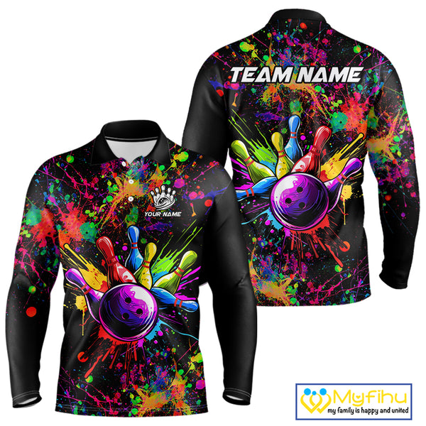 Colorful watercolor Bowling Polo, 1/4 Zip Shirt for mens Custom Bowling Team jersey for bowlers NQS10242
