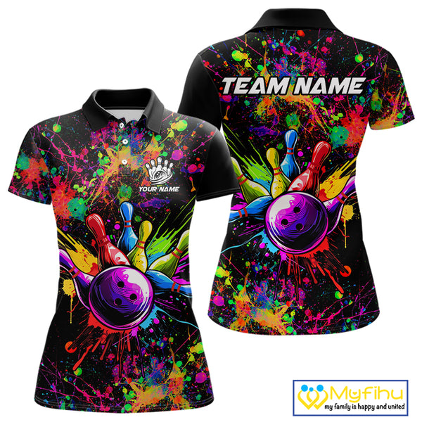 Colorful watercolor Bowling Polo, 1/4 Zip Shirt for Women Custom Bowling Team jersey for bowlers NQS10242