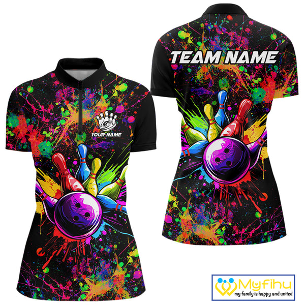 Colorful watercolor Bowling Polo, 1/4 Zip Shirt for Women Custom Bowling Team jersey for bowlers NQS10242