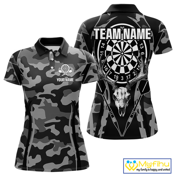 Deer Skull Darts Board Gray Camo Darts Polo, Quarter zip Shirts For Women Custom Team Darts Jersey NQS9934