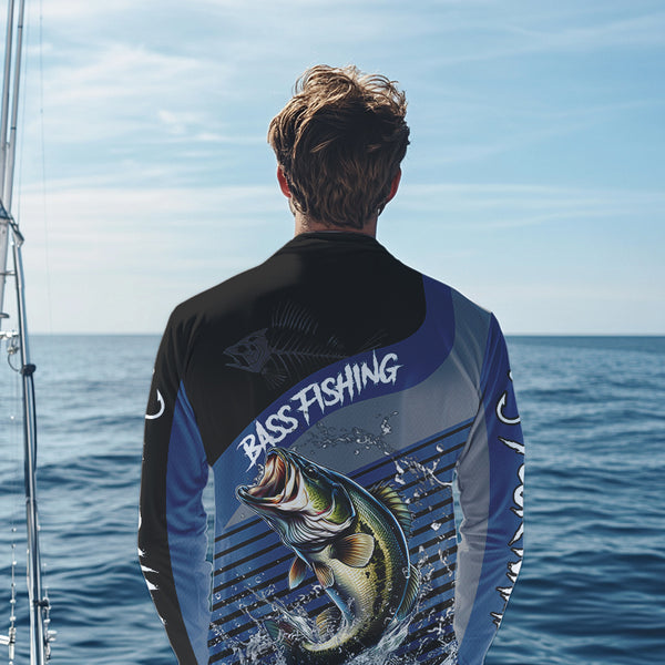 Largemouth Bass fishing Custom UV protection fishing long sleeve shirt, Bass Fishing jerseys | Blue NQS9351