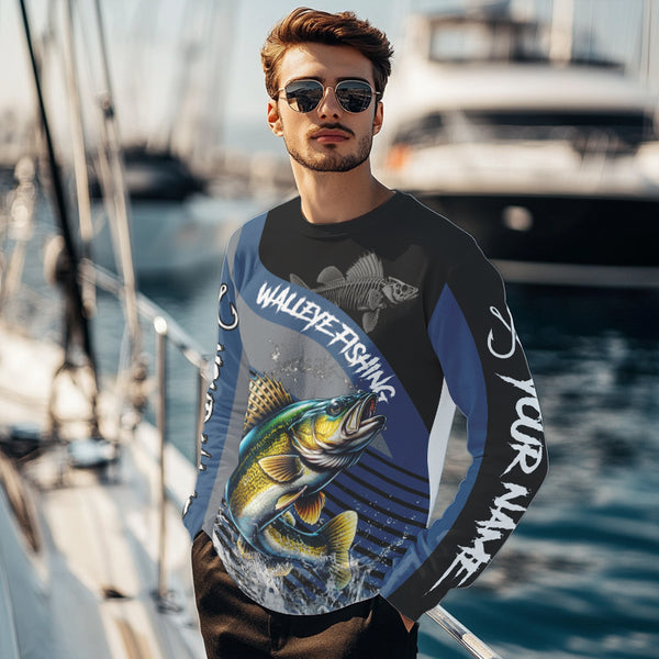 Walleye fishing Custom UV protection fishing long sleeve shirt, Walleye Fishing jerseys | Blue NQS9352