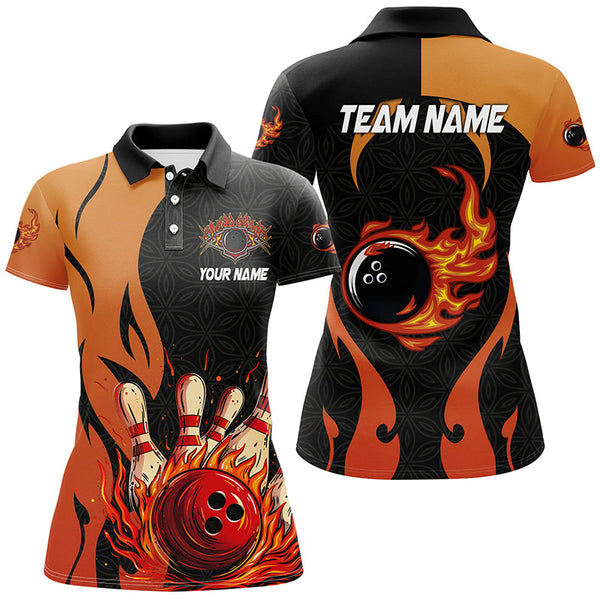 Black and Orange Flame Bowling Polo, Quarter Zip shirts for women custom team bowling jersey bowl gift NQS7799