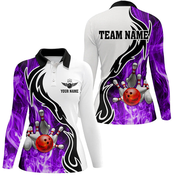 Women bowling polo shirt Custom bowling ball pins strike team league jersey, bowl gifts | Purple NQS6344
