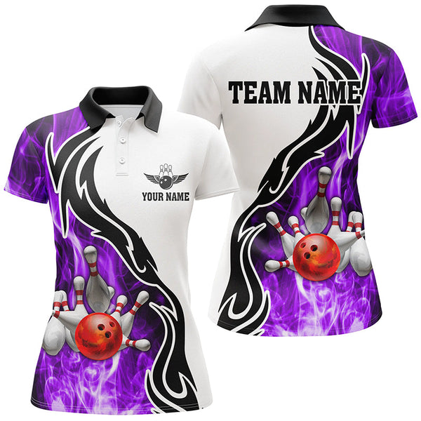 Women bowling polo shirt Custom bowling ball pins strike team league jersey, bowl gifts | Purple NQS6344