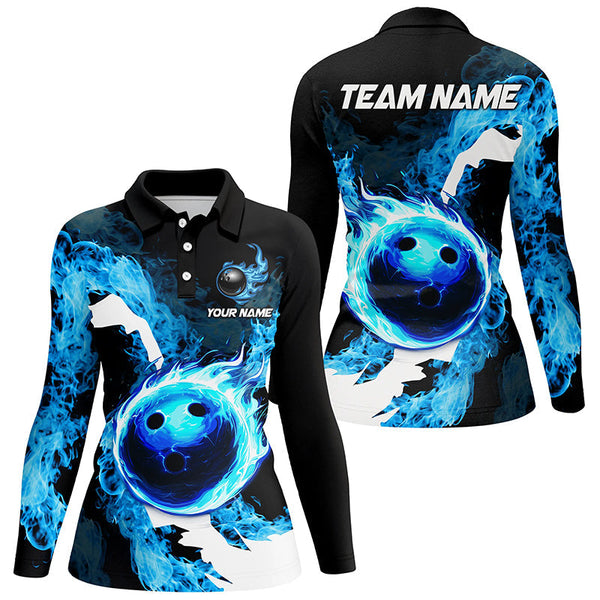 Blue Flame Fire Bowling Shirts for Women Custom Bowling Team Jersey Bowling Polo & Quarter-Zip Shirts NQS8455