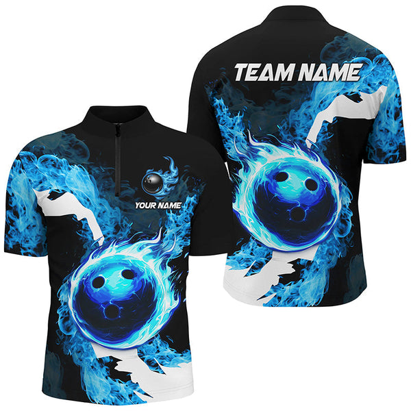 Blue Flame Fire Bowling Shirts for Men Custom Bowling Team Jersey Bowling Polo & Quarter-Zip Shirts NQS8455