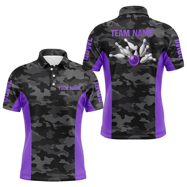 Men bowling Polo, Quarter Zip shirts Custom gray camo Bowling Team League Jerseys | Purple NQS7606