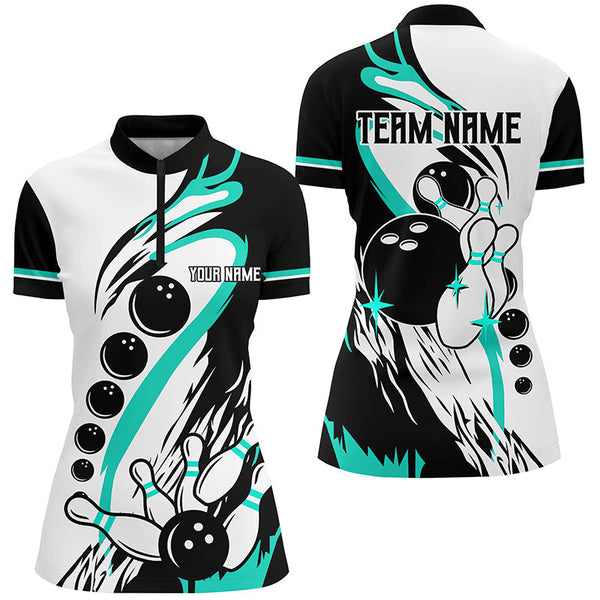 Black and white retro bowling league jerseys custom Women Bowling Shirts, gifts for bowlers| Turquoise NQS8229