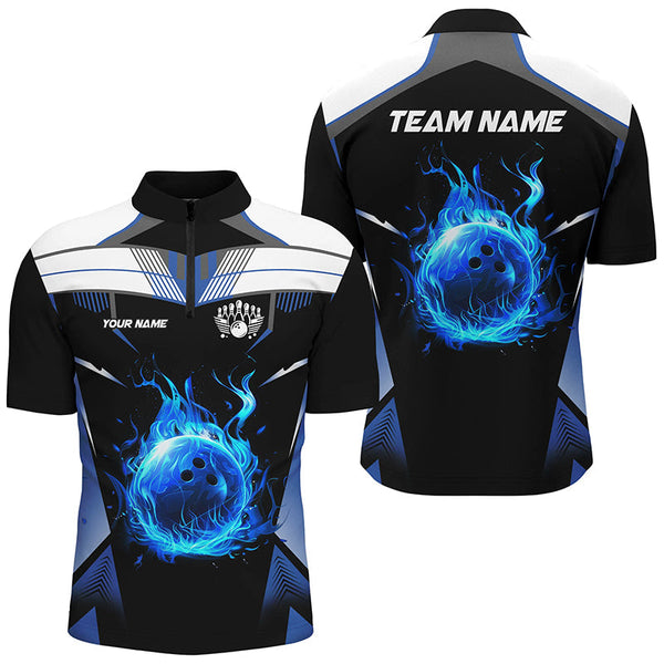 Black and white blue flame bowling ball Team league jerseys custom Men Bowling Shirts, bowling gifts NQS8230