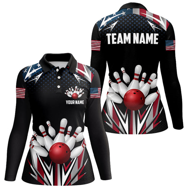 American flag Bowling Polo, Quarter zip shirts For Women Custom patriotic bowling team jerseys outfits NQS8689