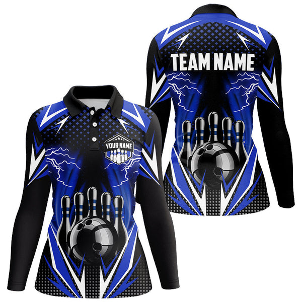 Black Women Bowling Polo, 1/4 zip Shirt Custom blue lightning team Ladies Bowler Jersey bowling outfit NQS8690