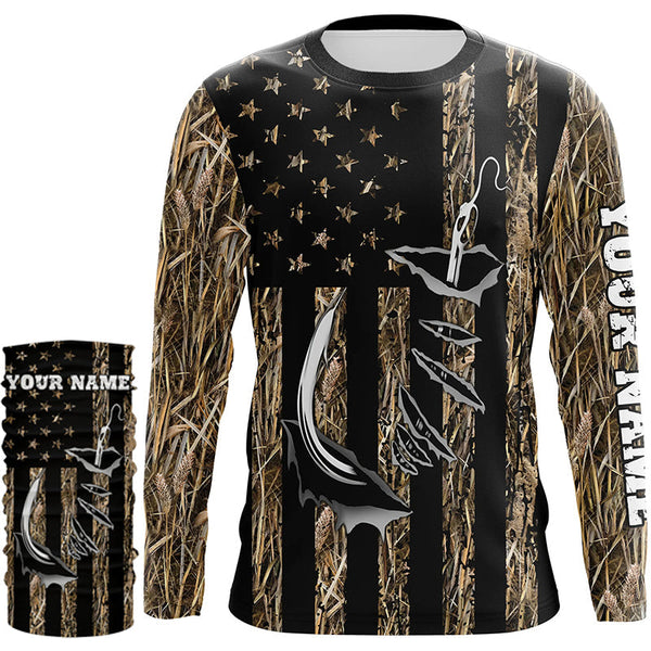 Personalized American Flag Camo Fishing Jerseys, Fish hook camo patriotic Long Sleeve Fishing Shirts NQS8920