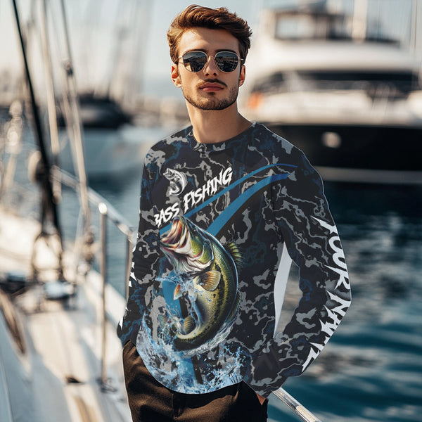 Custom Largemouth Bass Fishing Camo Long Sleeve Fishing Shirts, Personalized Bass Fishing Team Jerseys NQS9677