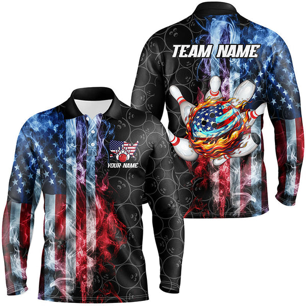Smoke American Flag Flame Bowling camo Custom Patriotic Bowling Shirts For Men, Bowling Team Jerseys NQS8241