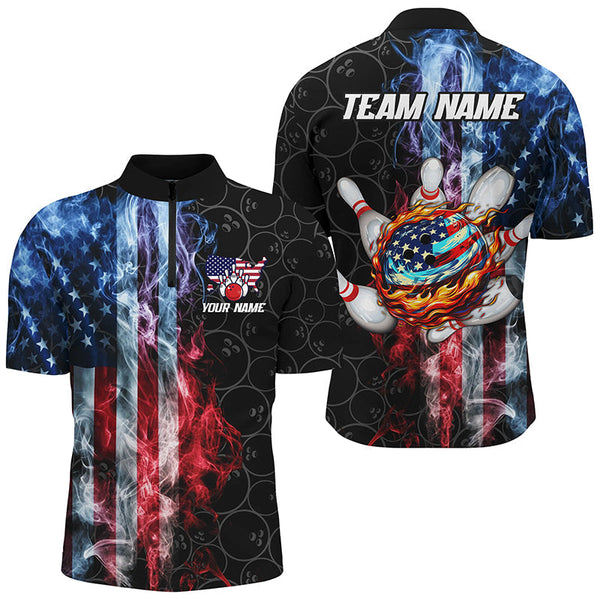 Smoke American Flag Flame Bowling camo Custom Patriotic Bowling Shirts For Men, Bowling Team Jerseys NQS8241
