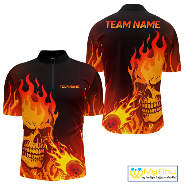 Flame Skull Bowling Polo, Quarter Zip Shirts for Men Custom Skull Fire Bowling Team Outfit Uniform NQS10444