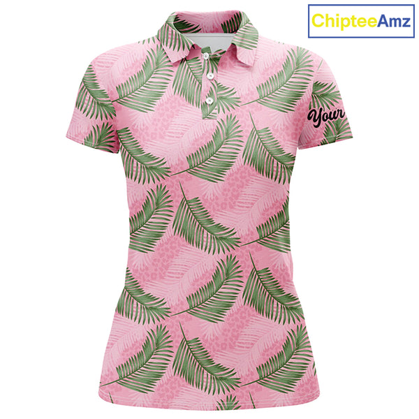 Women golf polo shirt custom pink leopard palm leaves tropical golf shirts, womens golf clothes NQS6373