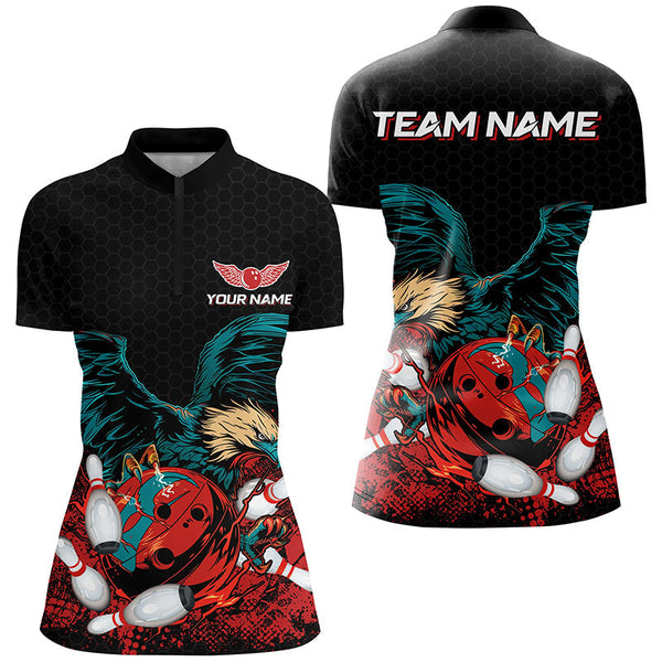 Eagle Bowling Polo, Quarter Zip Shirts For Women Custom team bowling jerseys, gift for bowlers | Black NQS8250