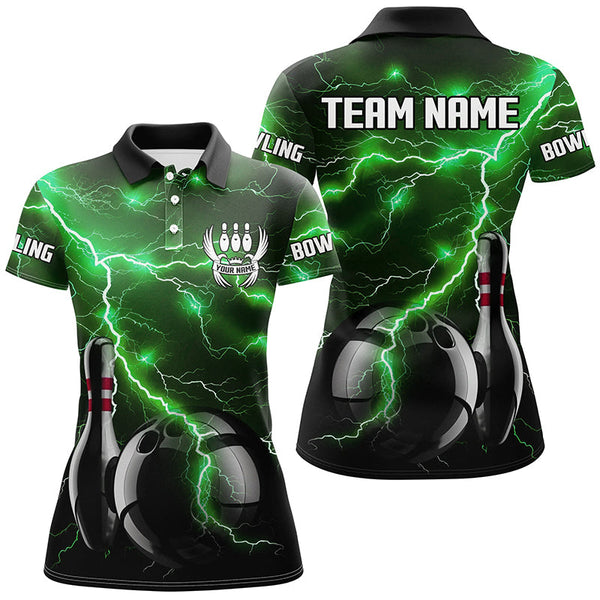Green Lightning Thunder Black Women Bowling Polo, Quarter zip Shirt custom storm bowling team jerseys NQS8457