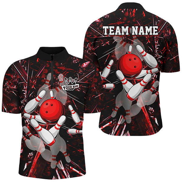 Red Camo Bowling Polo, Quarter zip Shirt For Men custom bowling team jerseys, bowling league shirts NQS8463