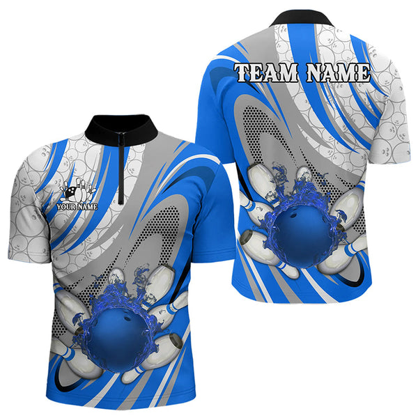 White and Blue Flame Camo Bowling Polo, Quarter Zip Shirt for Men Custom Bowling Team Jersey NQS9167