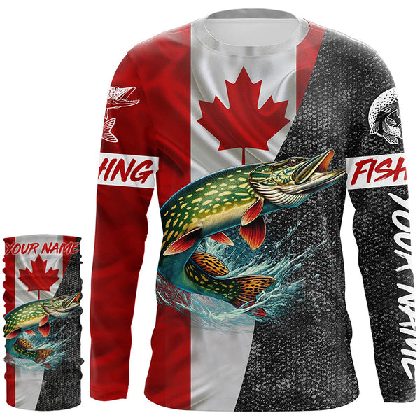 Canadian Flag Northern pike Fishing Custom long sleeve performance Fishing Shirt, pike Fishing jerseys NQS4927