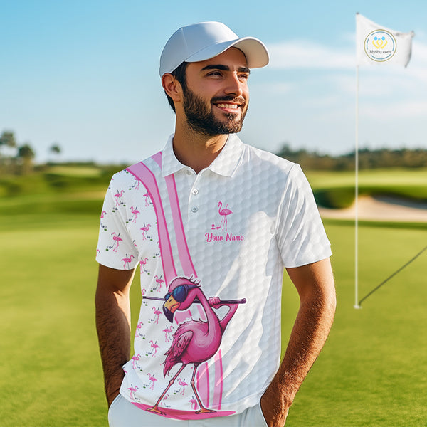 Funny Mens golf polo shirt custom pink and white flamingo pattern white golf shirts NQS8610