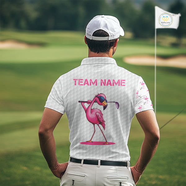 Funny Mens golf polo shirt custom pink and white flamingo pattern white golf shirts NQS8610