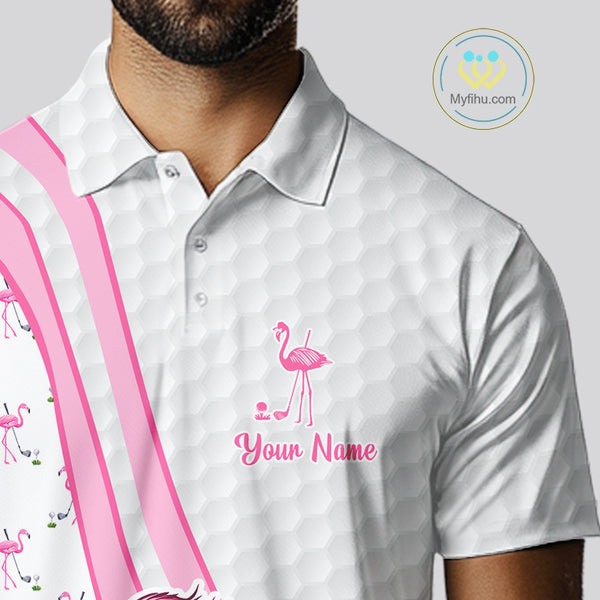 Funny Mens golf polo shirt custom pink and white flamingo pattern white golf shirts NQS8610